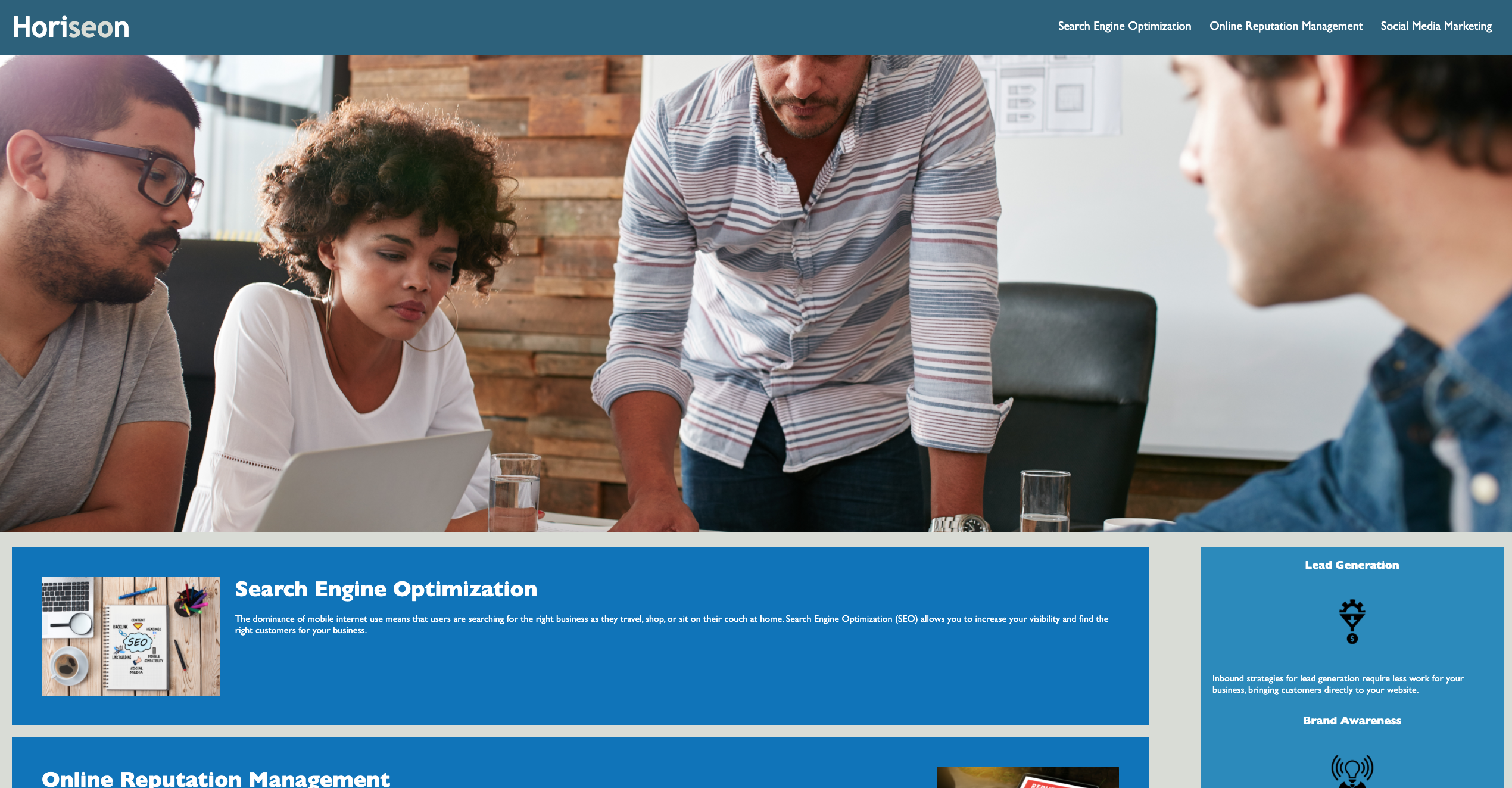 A picture of Horiseon challenge, four people, three sitting. one standing, along with SEO option