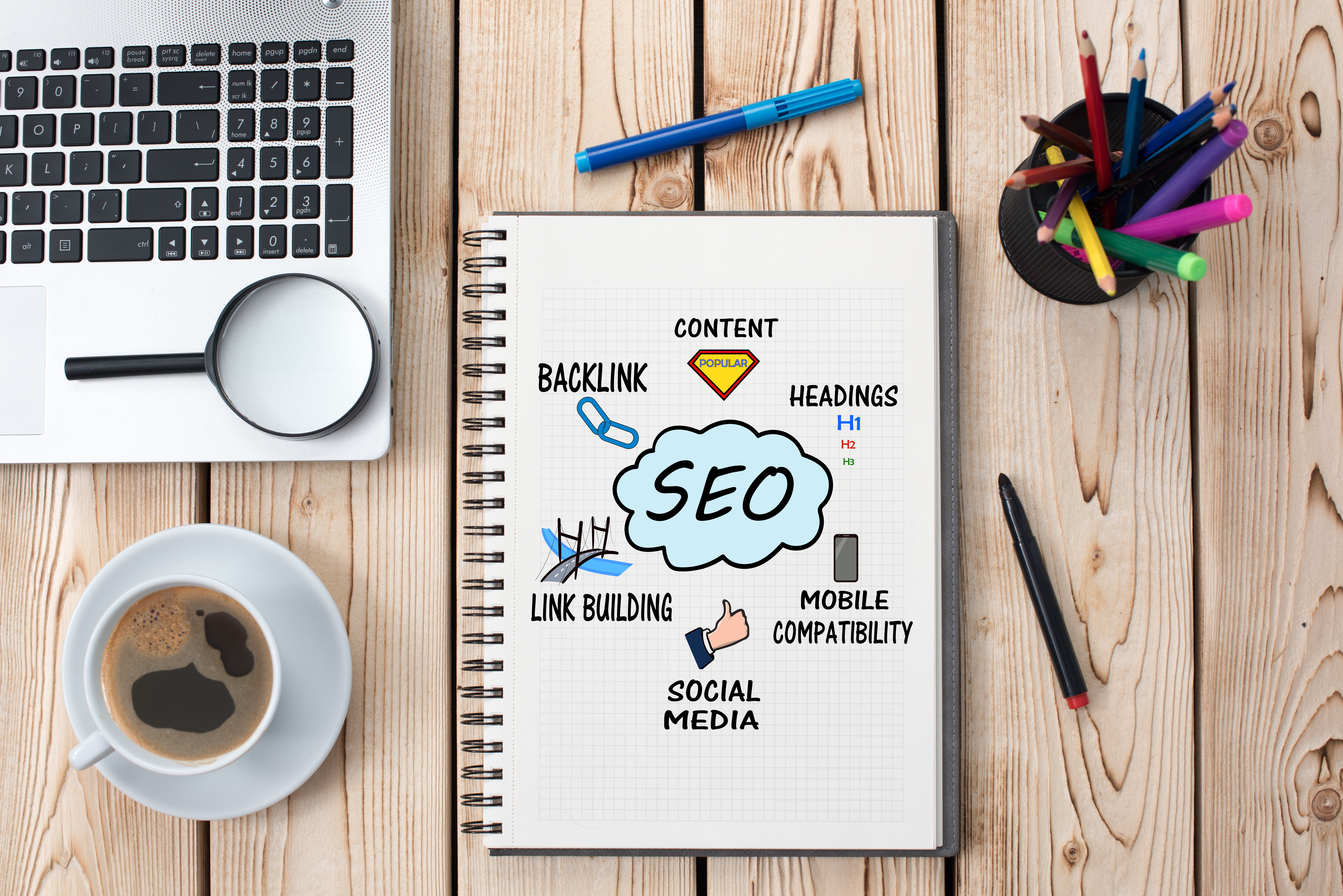 A notebook page showing SEO subcategories such as backlinks and social media marketing